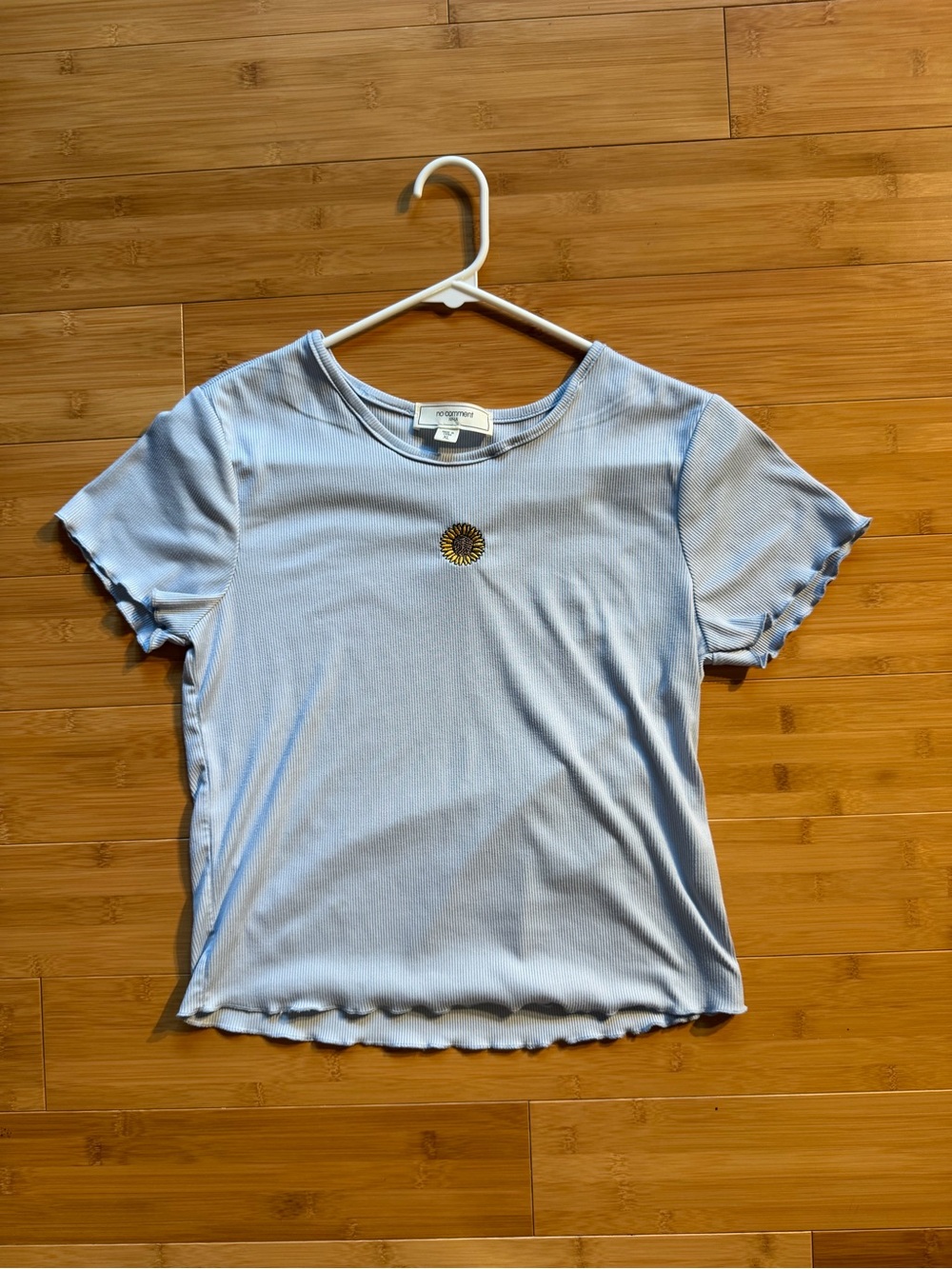 Light Blue Daisy-Embroidered Ribbed Tee - Y2K